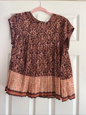 DR2 Pink and Brown Floral Paisley pleated blouse.